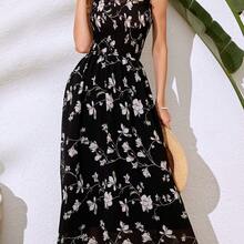 Vestido maxi con estampado floral, hombros con lazo y escote fruncido de gasa para mujer - Negro1 - Ver 2