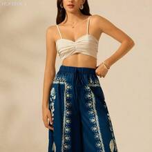 Yunuo Menswear Pantalones de mujer con estampado tropical bohemio, pantalones anchos casuales de resort y playa para el verano - Negro - Ver 8