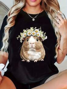 Women's T-Shirt With Guinea Pig Print, Short Sleeve, Round Neck, Lightweight, Polyester Blend, Spring And Summer Essential - 黑 - 查看 1