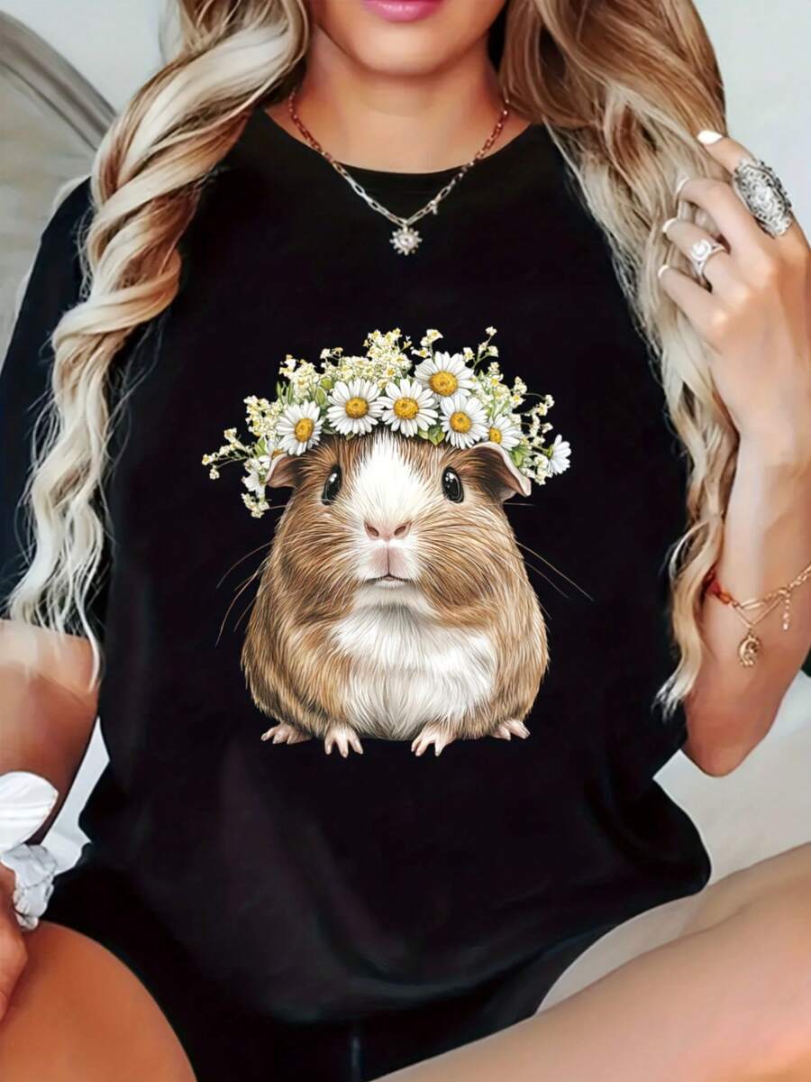 Women's T-Shirt With Guinea Pig Print, Short Sleeve, Round Neck, Lightweight, Polyester Blend, Spring And Summer Essential - 黑 - 查看 1