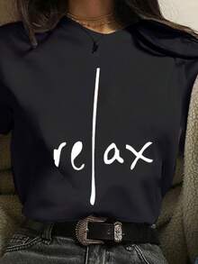 Camiseta Casual de Manga Corta con Estampado de Letras "Relax" para Mujer - negro - Ver 1