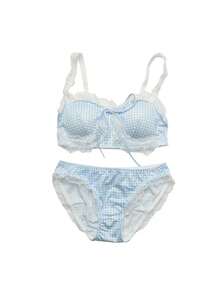 Fresh Style Students Lace Print Small Bust Cotton Lining Straps Bra Set. - With Pretty White Trim + M. - View 7
