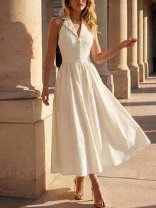 Perirose Women's Cream Halter Midi Dress Sleeveless Button Front Fit And Flare A Line Dress With Open Back, Summer Fall Elegant Vacation Going Out Dress - Apricot - View 5