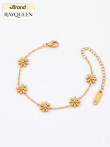 RAYQUEEN 1pc Floral Fresh Design Daisy Stainless Steel Gold Plated Bracelet Non-Fading Influencer Blogger Jewelry - Yellow Gold - View 4