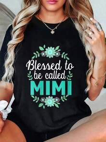 Mimi Women's 100% Cotton Floral Print T-Shirt, Mother's Day Gift, Round Neck, Urban Vintage Style, Unisex, Loose Fit, Short Sleeve, 100% Pure Cotton. - 黑色 - 查看 1