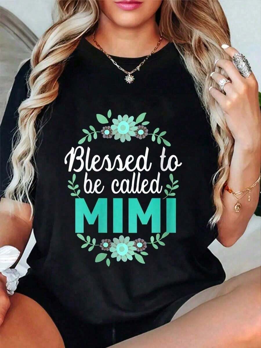 Mimi Women's 100% Cotton Floral Print T-Shirt, Mother's Day Gift, Round Neck, Urban Vintage Style, Unisex, Loose Fit, Short Sleeve, 100% Pure Cotton. - 黑色 - 查看 1