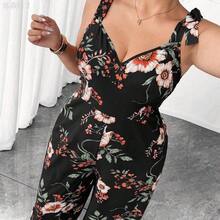 xuehuamaoyi02  Mono de pierna ancha casual y romántico con lazo para vacaciones en talla grande - Beis - Ver 3