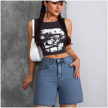 Tall Shorts vaqueros de tiro medio casual lavados para mujer estilo Y2K - Azul lavado oscuro - Ver 7