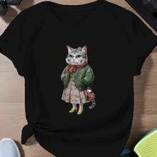 Camiseta Retro con estampado de gato y cómic para mujer, Top de manga corta con cuello redondo, ropa informal de verano para mujer - Multicolor - Ver 1