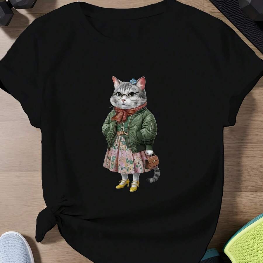 Camiseta Retro con estampado de gato y cómic para mujer, Top de manga corta con cuello redondo, ropa informal de verano para mujer - Multicolor - Ver 1