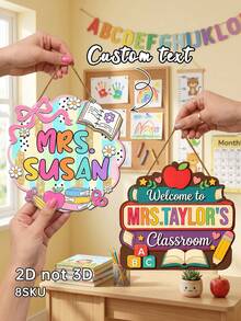 1pc Personalized Teacher Classroom Door Sign, Custom Text,Personalized Apple/Puzzle Design Wooden Door Hanger,Wooden Hanging Plaque, Back To School Welcome Sign Decor, Perfect Teacher Appreciation Gift - Multicolor - View 1