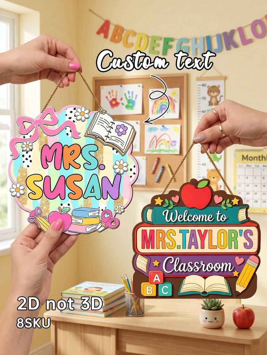 1pc Personalized Teacher Classroom Door Sign, Custom Text,Personalized Apple/Puzzle Design Wooden Door Hanger,Wooden Hanging Plaque, Back To School Welcome Sign Decor, Perfect Teacher Appreciation Gift - Multicolor - View 1