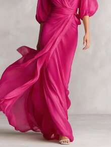 Long Dress With Deep V-Neck, Lantern Sleeves, Fitted, Ladylike Style, Autumn Party - 玫紅色 - 查看 3