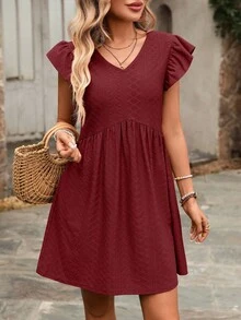 REFRESH YOUR WARDROBE NOW! French-Style Day Dress, V-Neck, Short Sleeves With Romantic Ruffles, Wide And Flowing Skirt, The Essence Of Country Chic For Walks In The Sun - 酒紅色 - 查看 5