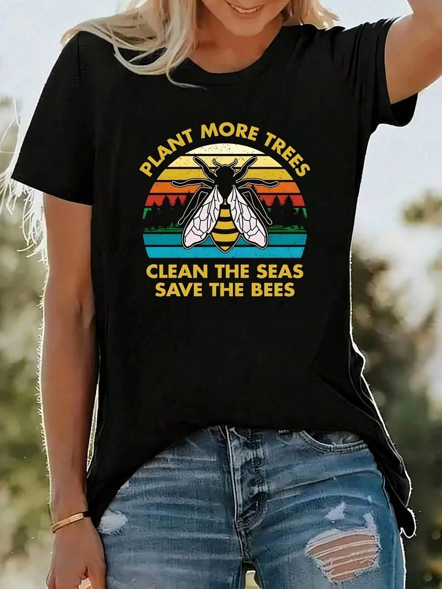Plant More Trees, Clean The Seas, Save The Bees - Women's Plus Size Short Sleeve T-Shirt, Crew Neck, Novelty Design, Casual, Fun, Graphic, 100% Polyester, 1 Pi - Black - View 1