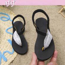 1 Pair Kids Feather Rhinestone Flat Sandals, Lightweight Comfortable Flat Bottom, Suitable For 3-12 Years Old Children - Black - View 2