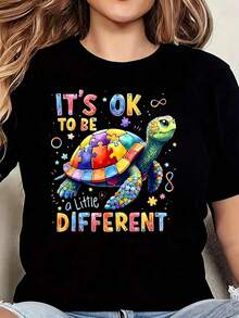 Camiseta con Gráfico de Tortuga "Es Bueno Ser Diferente" para Concientización sobre el Autismo, 1 Pieza, Camiseta de Talla Grande para Mujer, Camiseta Gráfica de Manga Corta de 220g, Novedos - Negro - Ver 1