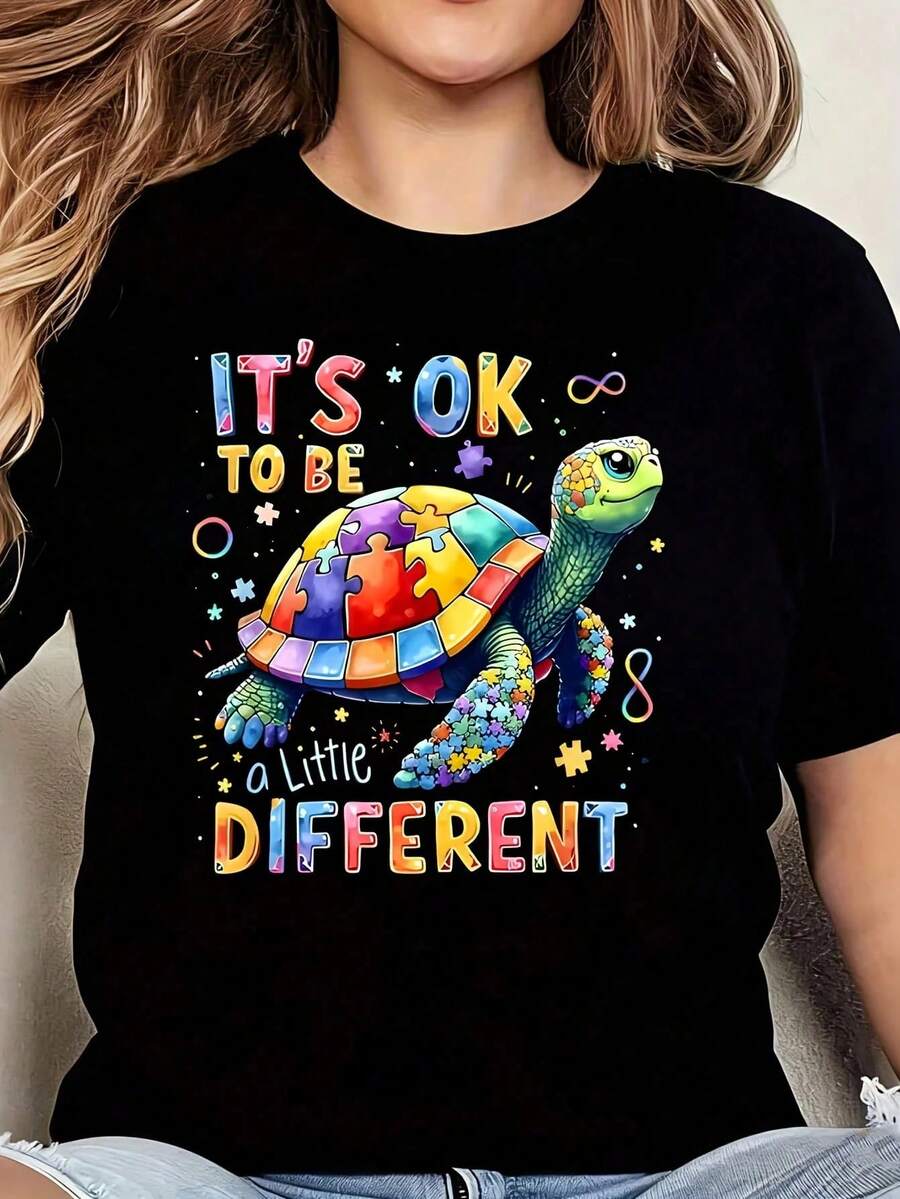 Camiseta con Gráfico de Tortuga "Es Bueno Ser Diferente" para Concientización sobre el Autismo, 1 Pieza, Camiseta de Talla Grande para Mujer, Camiseta Gráfica de Manga Corta de 220g, Novedos - Negro - Ver 1