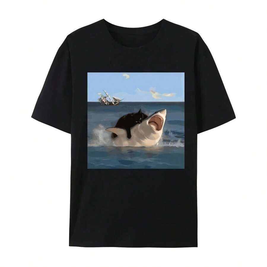 Nueva llegada, camiseta para hombre, camisetas para hombre, camiseta para hombre, picaduras de gato, tiburón, arte divertido y amantes de los gatos, estampado divertido de gato y tiburón 710 - Multicolor - Ver 1