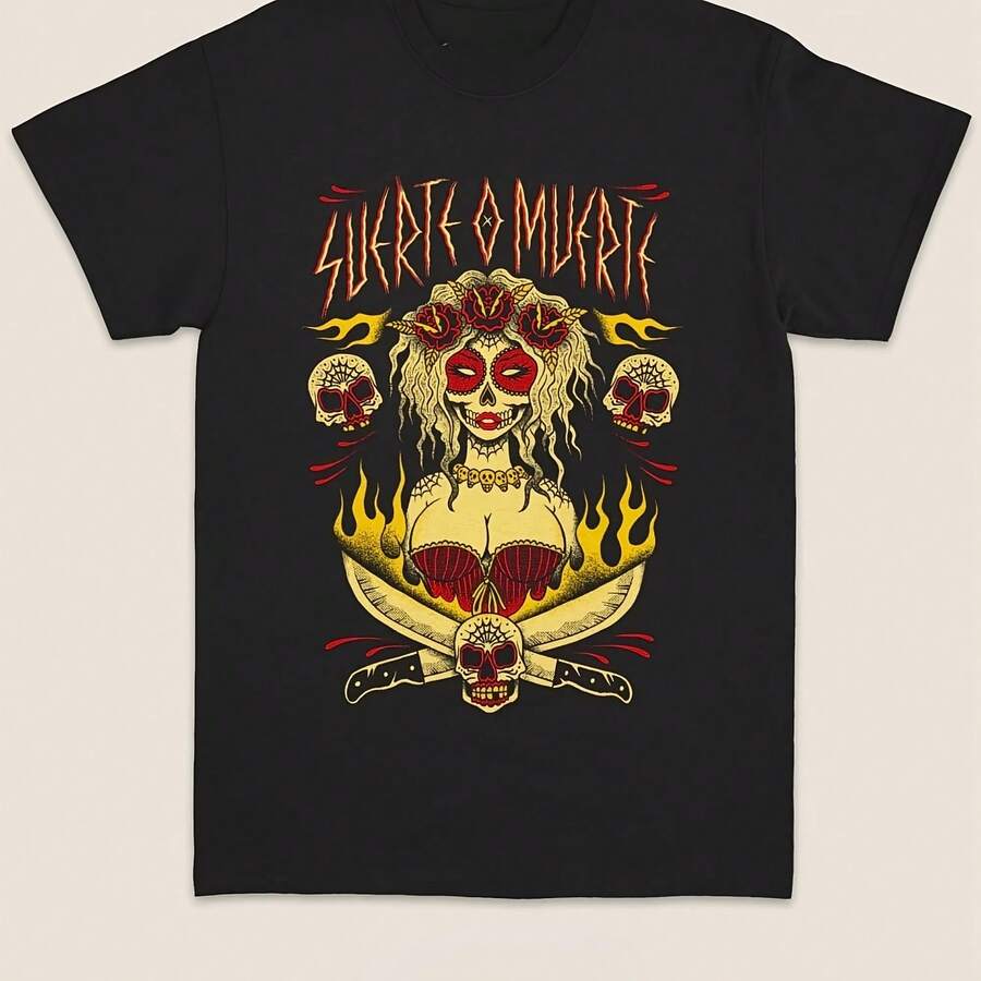 Luck Or Death T-Shirt With Sugar Skull Design For Men And Women, Retro Day Of The Dead Style, La Catrina, Gothic Graphic, Mexican Tattoo, Casual - 彩色 - 查看 1