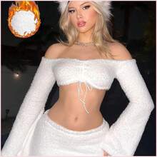 Set de 2 piezas con top de manga larga abombada y hombros descubiertos y falda de cintura baja en color blanco esponjoso, para invierno - Blanco - Ver 4