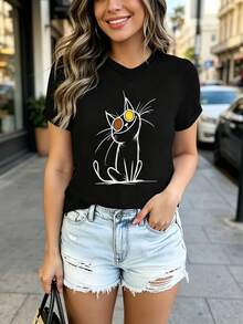 Modern T-Shirt With Eye-Catching Cartoon Animal Designs: A Uniquely Designed And Comfortable Women's Youth Garment, Available In Various Styles Including Rabbit, Dog, Hedgehog, Cat And Bear. - Black 2 - View 3