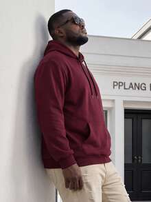 Sudadera con capucha de talla grande de unicolor, ajuste holgado con bolsillo canguro y cordón, top casual versátil - Burdeos - Ver 4