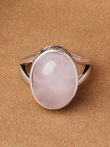 Anillo de cuarzo rosa ovalado de moda para mujer, 1 pieza, anillo de una sola piedra preciosa, regalo del Día de San Valentín - Cuarzo rosa sintético - Ver 9