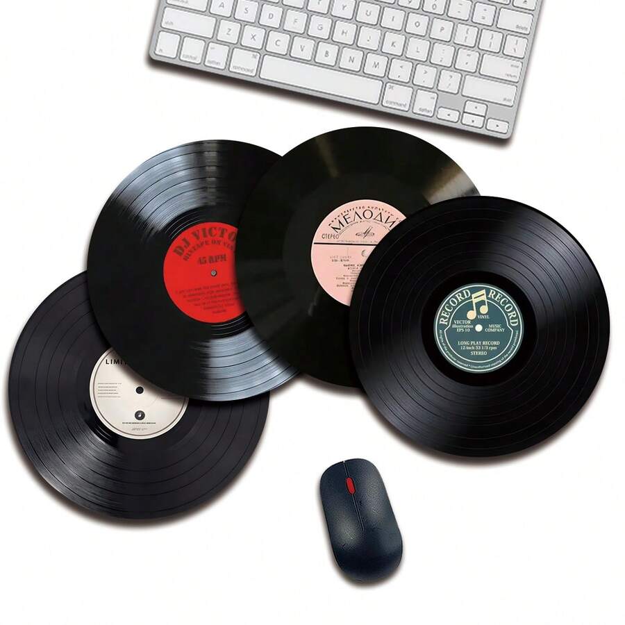 1 Cute Record Mouse Pad, Circular Mouse Pad For Office Desk, Small Mini Travel Mouse Pad With Anti Slip Rubber Base, 7.87 Inch Diameter Suitable For Work Wireless Computer Laptop, Office Desk Accessory Single 47g