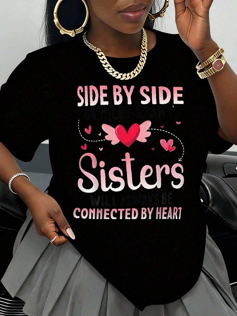 Time And Time Again, Or Miles Apart, Sisters Will Always Be Connected By Heart. Women's T-Shirt, Gift For Sister, Family Love T-Shirt For Valentine's Day - 黑色 - 查看 1