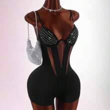 yonghongmaoyi1  Mono ajustado sin mangas con recortes y adornos de strass, negro, sexy de verano para mujer, para club nocturno, festival, playa, cumpleaños y uso casual - Negro01 - Ver 1