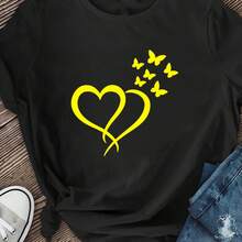 Camiseta de Mujer con Brillo, Corazón y Mariposa, Temática Anime - Manga Corta, Cuello Redondo, Top Casual de Verano, Blusa de Corte Holgado para Primavera/Verano, Lavable a Máquina, Ropa Ca - negro - Ver 2