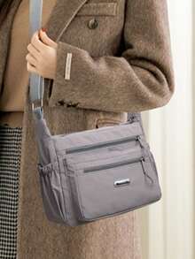 Bolso de hombro casual de nailon con correa ajustable, bolso de hombro con múltiples compartimentos, unicolor, cierre de cremallera, forro de poliéster, bolso bandolera ligero perfecto para uso diario - Gris - Ver 3
