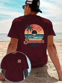 Una camiseta casual para hombre con un diseño creativo, que presenta un estampado de cocoteros y atardecer en ambos lados, estilo vacaciones tropicales, ambiente relajado de verano, camiseta - Negro - Ver 7