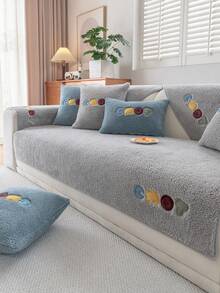 1Pc Embroidered Sherpa Sofa Cover, Soft Plush Couch Protector, Non-Slip & Washable Furniture Slipcover For Living Roomfor 1/2/3/4-Seater Sofa - Grey - View 5