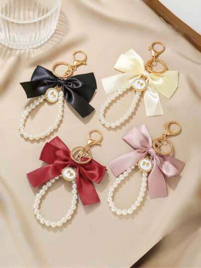 Vintage Style Large Faux Pearl Bow Keychain Pendant Handmade Beaded