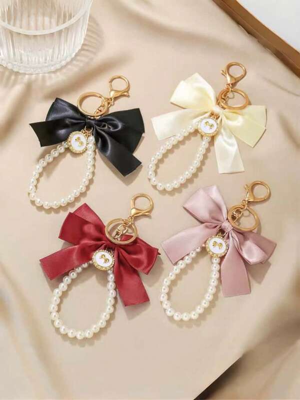Vintage Style Large Faux Pearl Bow Keychain Pendant Handmade Beaded