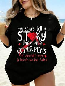 My Scars Tell A Story; They're Reminders Of When Life Tried To Destroy Me But Failed. White T-Shirt For Women With Motivational Quote, Casual Beach Top, Outfit - 黑色 - 查看 1