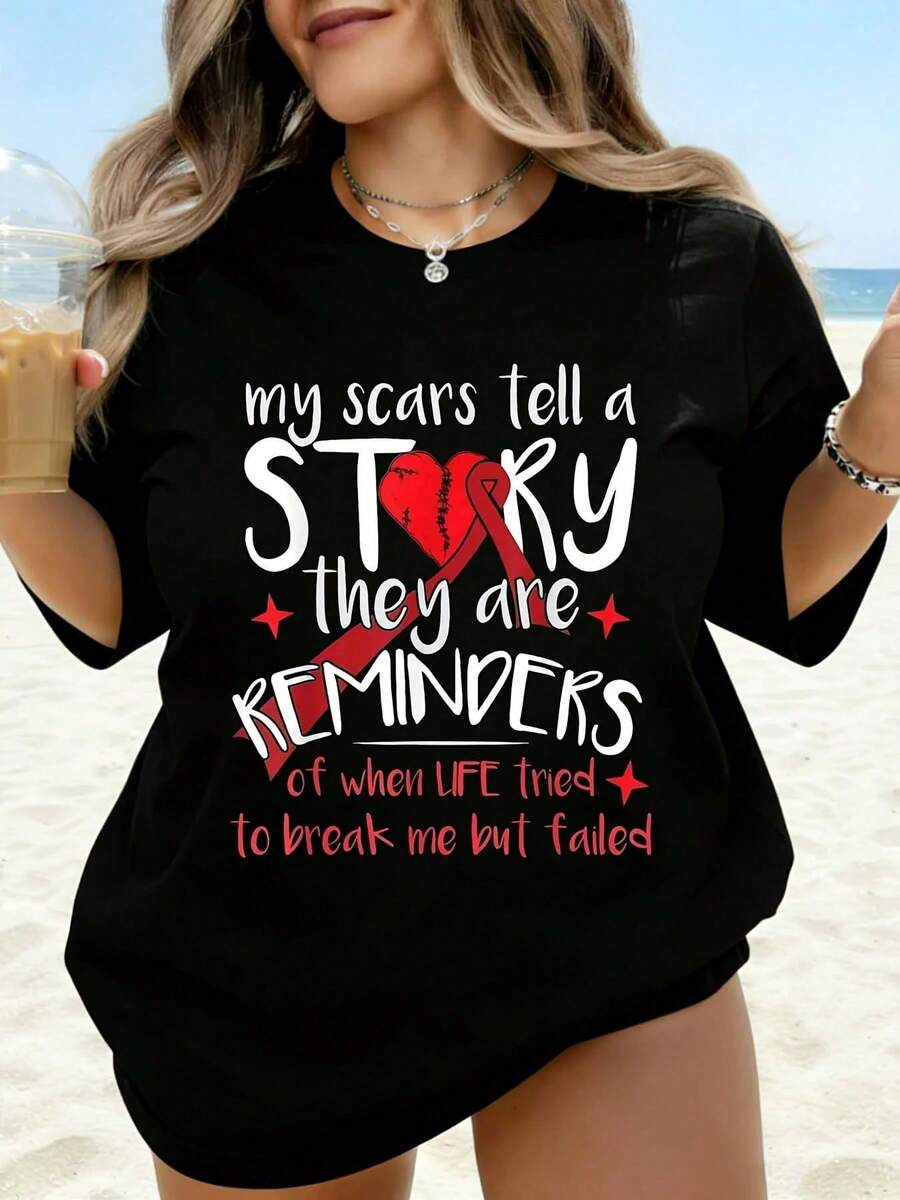 My Scars Tell A Story; They're Reminders Of When Life Tried To Destroy Me But Failed. White T-Shirt For Women With Motivational Quote, Casual Beach Top, Outfit - 黑色 - 查看 1