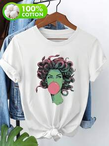 Camiseta 100 % pura de manga corta para mujer con estampado temático de exteriores, camiseta 100 % pura de manga corta con estampado de medusa de burbuja soplada - Blanco - Ver 1