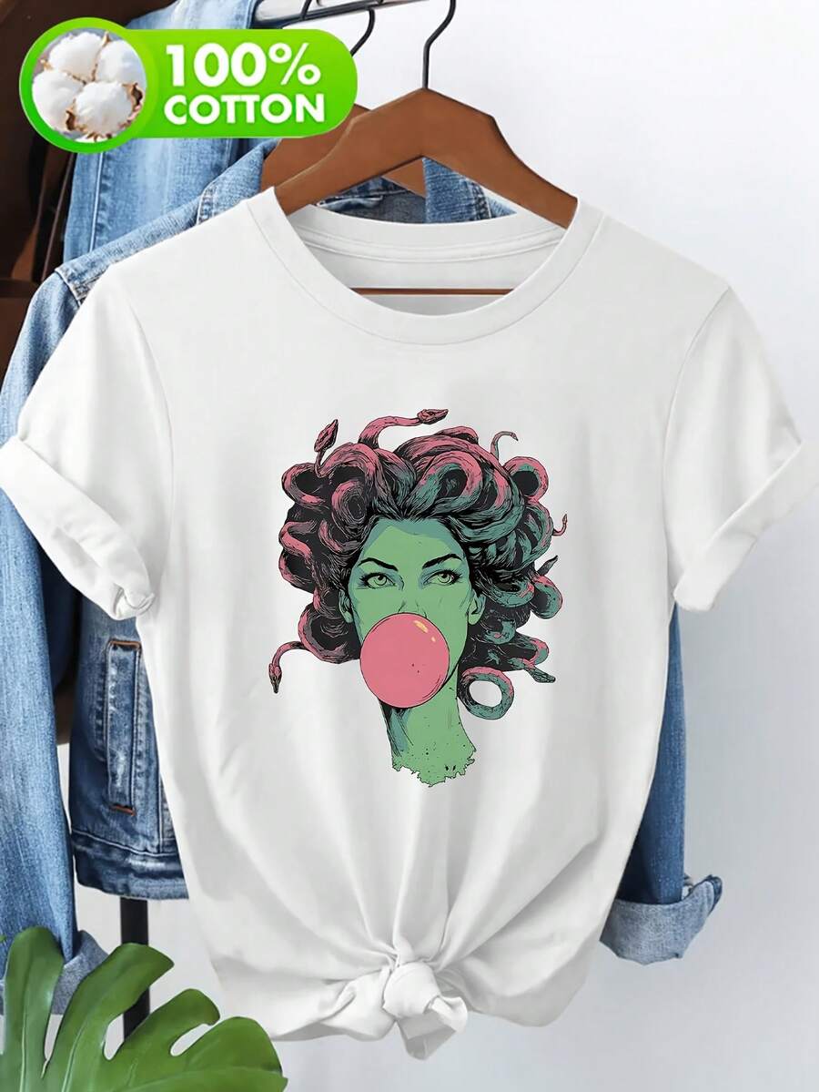 Camiseta 100 % pura de manga corta para mujer con estampado temático de exteriores, camiseta 100 % pura de manga corta con estampado de medusa de burbuja soplada - Blanco - Ver 1
