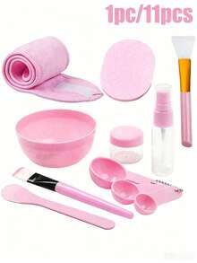 1Pc/11Pcs DIY Face Mask Tool Set, Pink Facial Mask Making Kit With Mixing Bowl, Brushes, Spray Bottle, Spatula, Measuring Spoons & Cleansing Pads For Home Spa Skin Care - Baby Pink - View 1