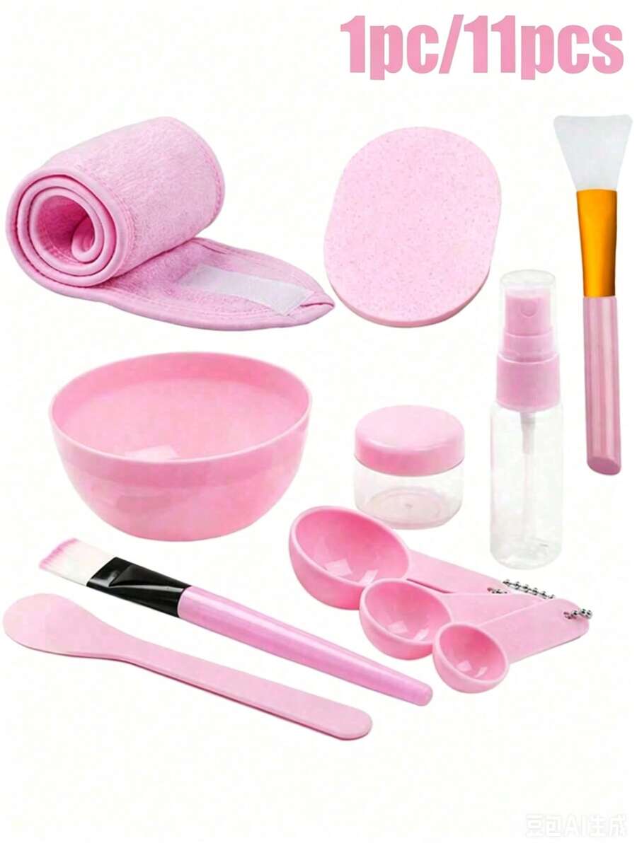 1Pc/11Pcs DIY Face Mask Tool Set, Pink Facial Mask Making Kit With Mixing Bowl, Brushes, Spray Bottle, Spatula, Measuring Spoons & Cleansing Pads For Home Spa Skin Care - Baby Pink - View 1