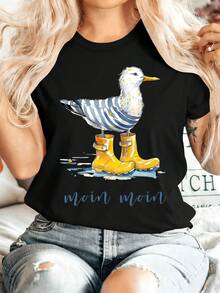 Women's Summer Clothing, Women's Size Friendly Short Sleeve Round Neck T-Shirt With Moin Moin Seagull Print, Cool Retro Casual Sporty Style Top - 黑色 - 查看 1