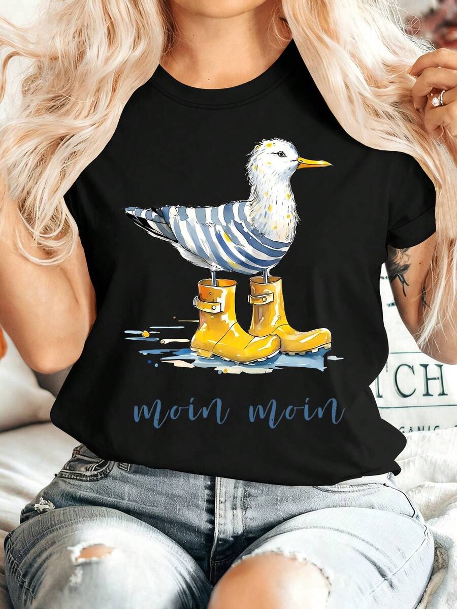 Women's Summer Clothing, Women's Size Friendly Short Sleeve Round Neck T-Shirt With Moin Moin Seagull Print, Cool Retro Casual Sporty Style Top - 黑色 - 查看 1