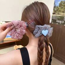 1pc Soft Pink & Blue Leopard Print Sheer Mesh 3D Fabric Heart Scrunchie, Sweet Girly Elastic Hair Tie, Korean Style Soft & Spicy Aesthetic, Youthful Hair Accessory For Students, Daily Commute, Bestie Dates, Spring Outings Ponytail Elastics Rubber Bands - Multicolor - View 1