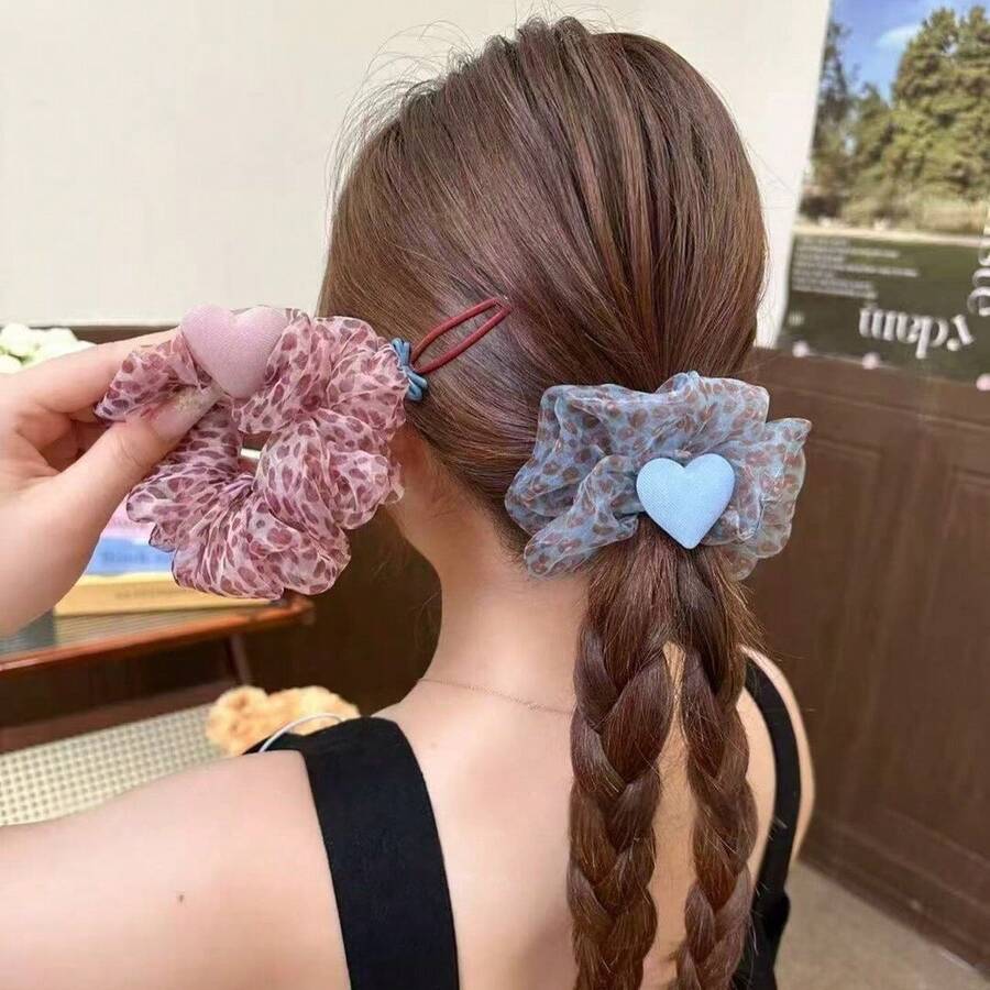 1pc Soft Pink & Blue Leopard Print Sheer Mesh 3D Fabric Heart Scrunchie, Sweet Girly Elastic Hair Tie, Korean Style Soft & Spicy Aesthetic, Youthful Hair Accessory For Students, Daily Commute, Bestie Dates, Spring Outings Ponytail Elastics Rubber Bands - Multicolor - View 1