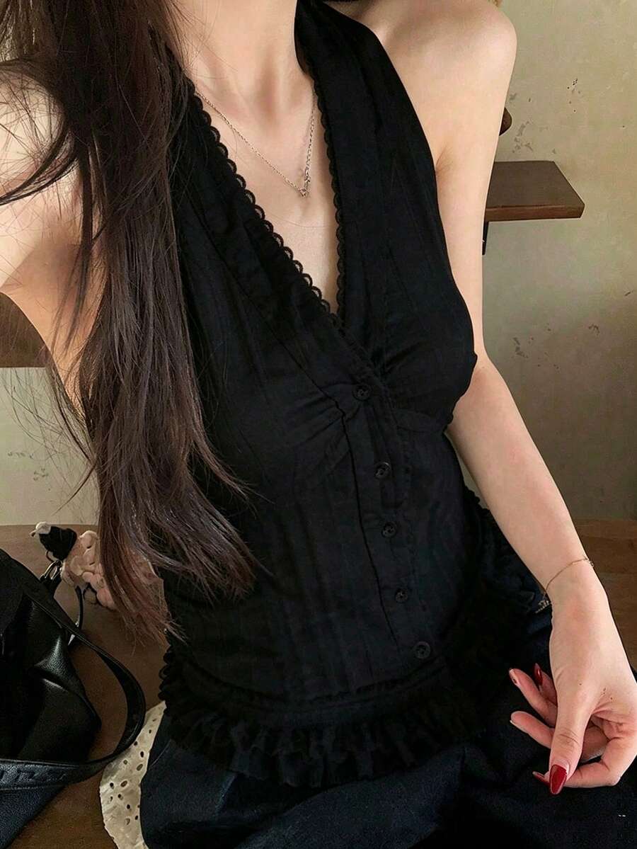 女款細肩帶無袖上衣,夏季法式風格蕾絲裝飾、魚骨設計V領休閒黑色背心上衣 - 黑色 - 查看 1