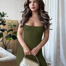 xuehuamaoyi02  Vestido de punto midi de corte ajustado, elegante y sexy con espalda descubierta y abertura lateral para mujer - Verde militar - Ver 1