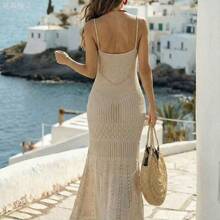 xuehuamaoyi02  Holidaya Nuevos vestidos de verano para mujer, vestido maxi de punto calado beige - tirantes finos, escote en V, patrón de encaje en capas, cintura ajustada, - Blanco - Ver 3